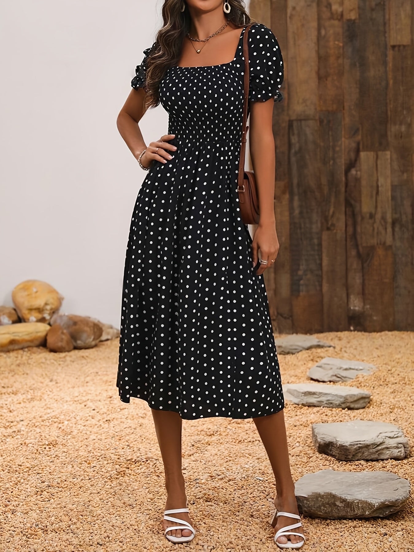 Backless Polka Dot Slit Dress, Elegant Puff Sleeve Square Neck Dress For Spring & Summer, Women's Clothing