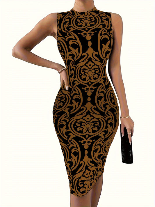 Floral Print Mock Neck Bodycon Dress, Elegant Sleeveless Dress For Summer & Spring, Women's Clothing For Party Dressing