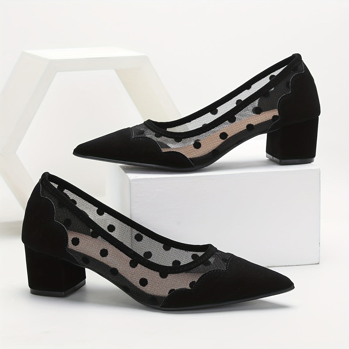 Women's Elegant Pumps, Polka Dots Mesh Pointed Toe Chunky Low Heels, Fashion Breathable Slip On Shoes