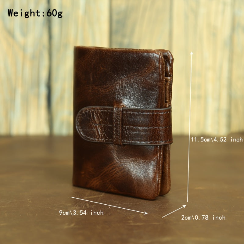Compact Lightweight Top Layer Cowhide Wallet, Retro Style Distressed Oil Wax Wallet With Multiple Card Slots