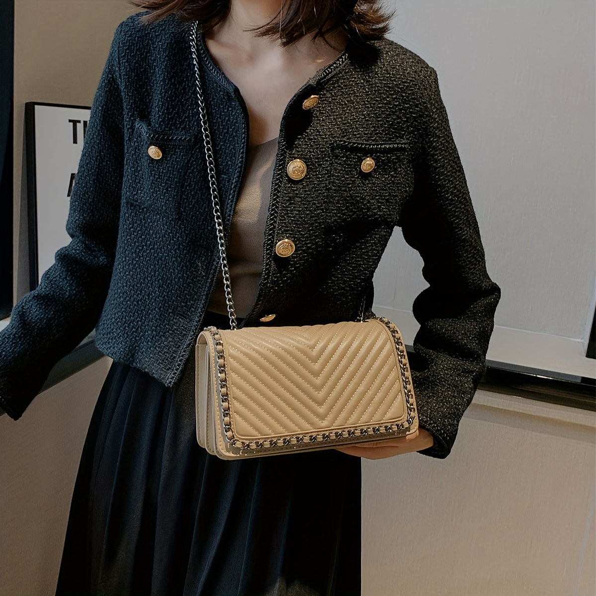 Metal Chain Crossbody Bag, PU Leather Textured Underarm Bag Purse, Classic Versatile Fashion Baguette Bag