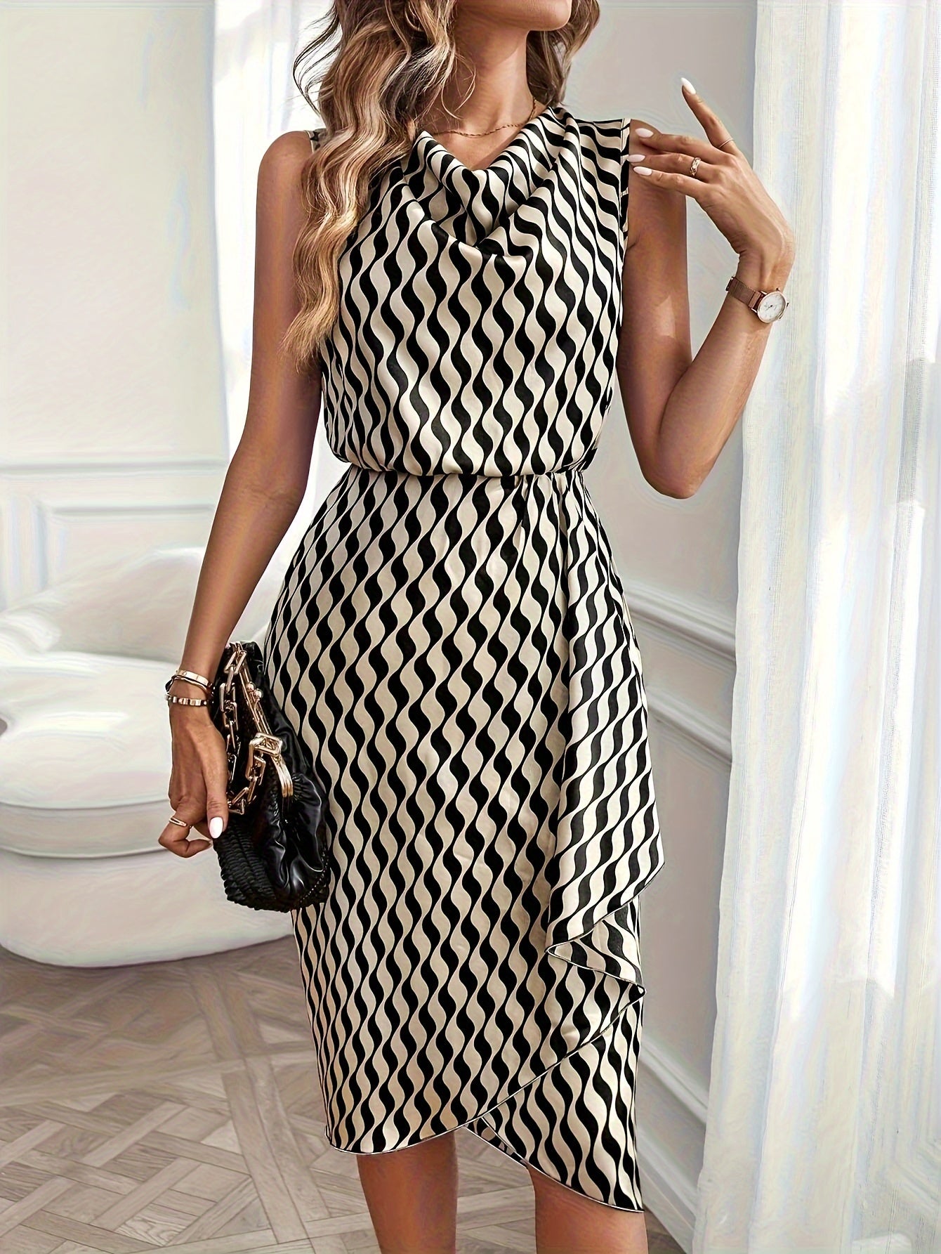 Plaid Pattern Cowl Neck Dress, Elegant Sleeveless Wrap Hem Dress For Spring & Summer, Women's Clothing