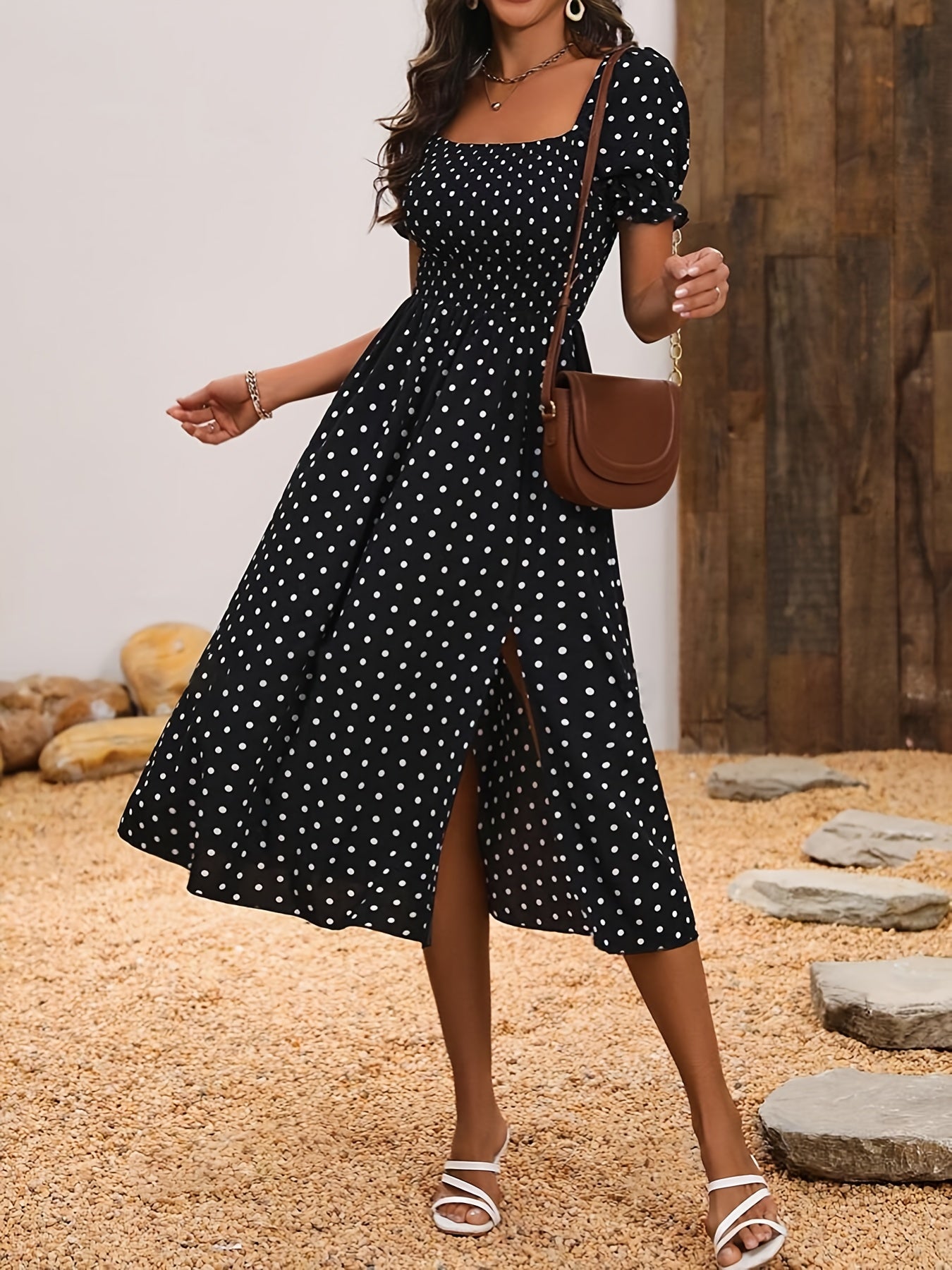 Backless Polka Dot Slit Dress, Elegant Puff Sleeve Square Neck Dress For Spring & Summer, Women's Clothing