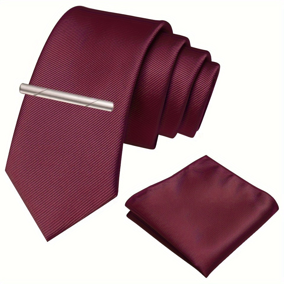 3pcs Ties & Tie Cips & Handkerchief, Suitable For Weddings Groomsmen Business Dances Parties, ideal choice for gifts