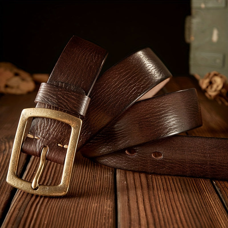 Men's Original Handmade Genuine Leather Belt, Vintage Style, Classic Cowhide, Regular Fit, Solid Brass Buckle, Coffee Brown