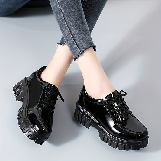 Women's Solid Color Loafers, Fashion Lace Up Platform Shoes, Comfortable Faux Leather Shoes