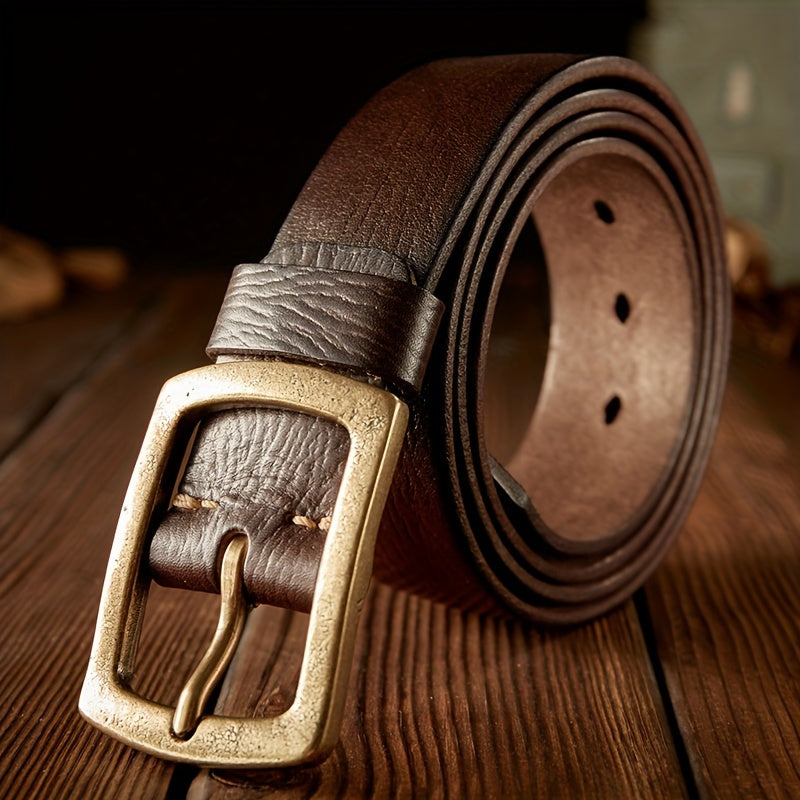 Men's Original Handmade Genuine Leather Belt, Vintage Style, Classic Cowhide, Regular Fit, Solid Brass Buckle, Coffee Brown