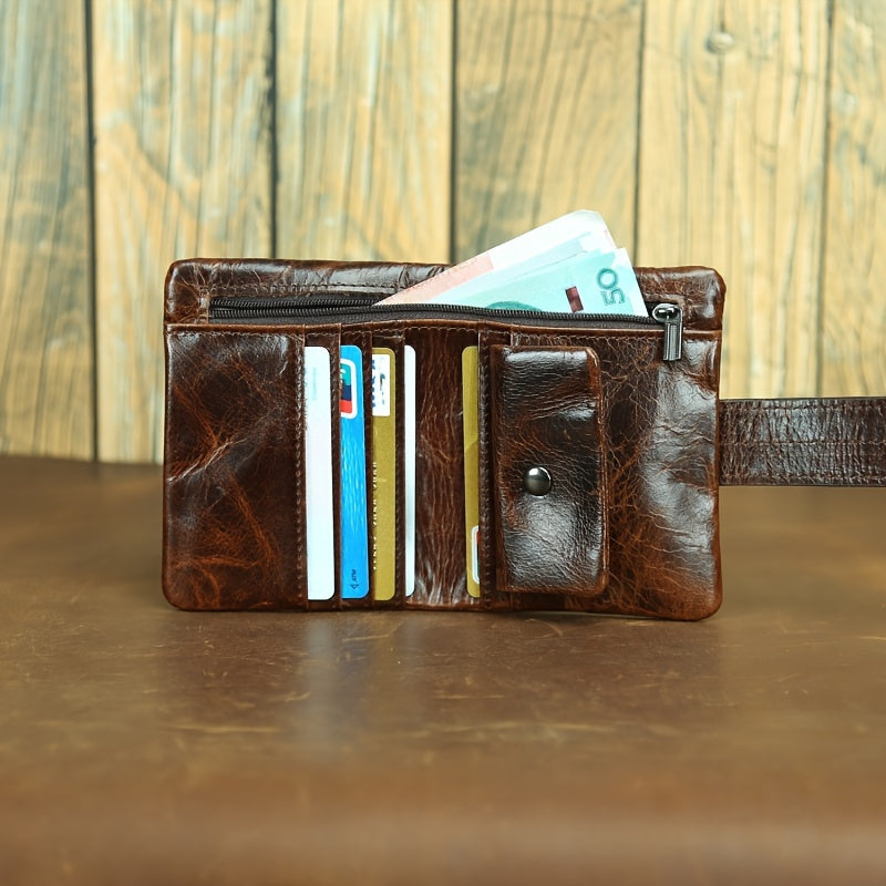 Compact Lightweight Top Layer Cowhide Wallet, Retro Style Distressed Oil Wax Wallet With Multiple Card Slots