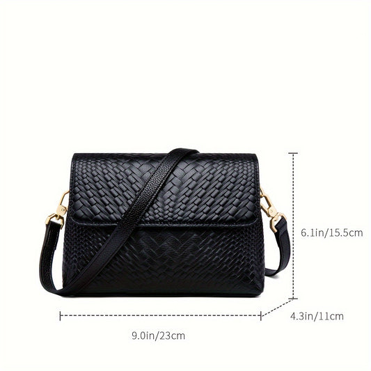 Chic Woven Crossbody Bag for Women - Spacious & Stylish, Genuine Faux Leather with Adjustable Strap, Magnetic Closure - Black