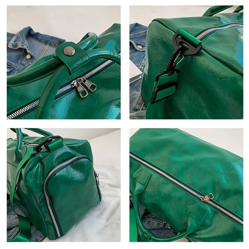Large Capacity Leather Gym Bag, Waterproof Travel Storage Duffel, Women's Handheld Short-Trip Luggage, Men's Swim Fitness Bag, PU Material, Solid Color, Zip Closure, Universal Fit, Water-Resistant Fabric