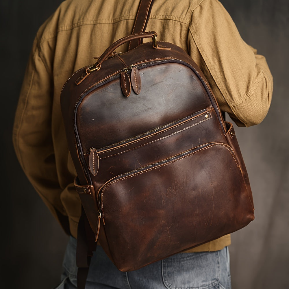 Premium Genuine Leather Men's Backpack - Large Capacity, Dual-Layer Zipper Pockets for Easy Access, Fits 35.56cm Laptop, Water-Resistant & Scratch-Resistant, Perfect for Travel & Work,