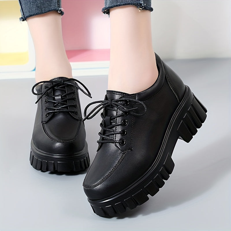 Women's Solid Color Loafers, Fashion Lace Up Platform Shoes, Comfortable Faux Leather Shoes