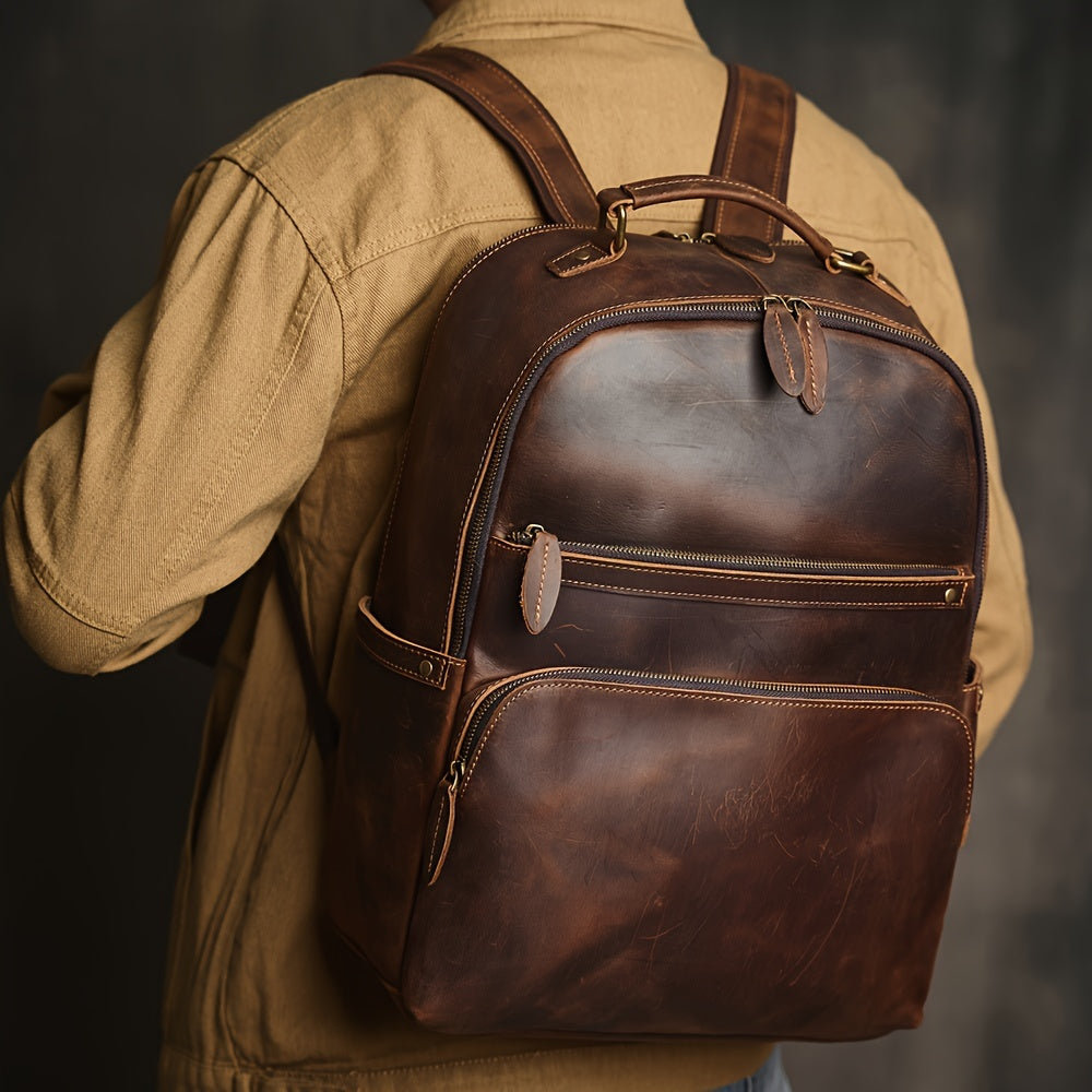 Premium Genuine Leather Men's Backpack - Large Capacity, Dual-Layer Zipper Pockets for Easy Access, Fits 35.56cm Laptop, Water-Resistant & Scratch-Resistant, Perfect for Travel & Work,