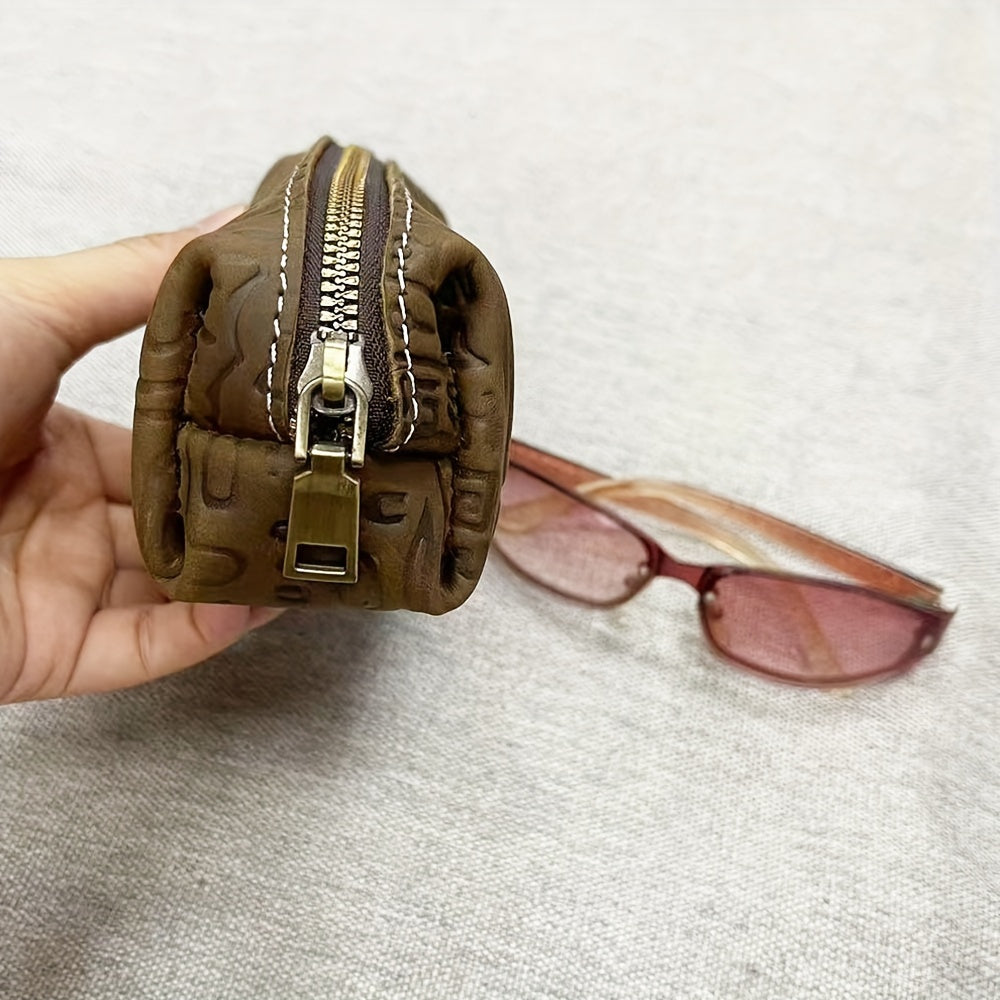 Full Genuine Leather Storage Bag, Pencil Case, Glasses Bag, Crazy Horse Cowhide, Retro Auspicious Oracle Embossed Handbag, Pencil Case, Change Eid Al-Adha Mubarak