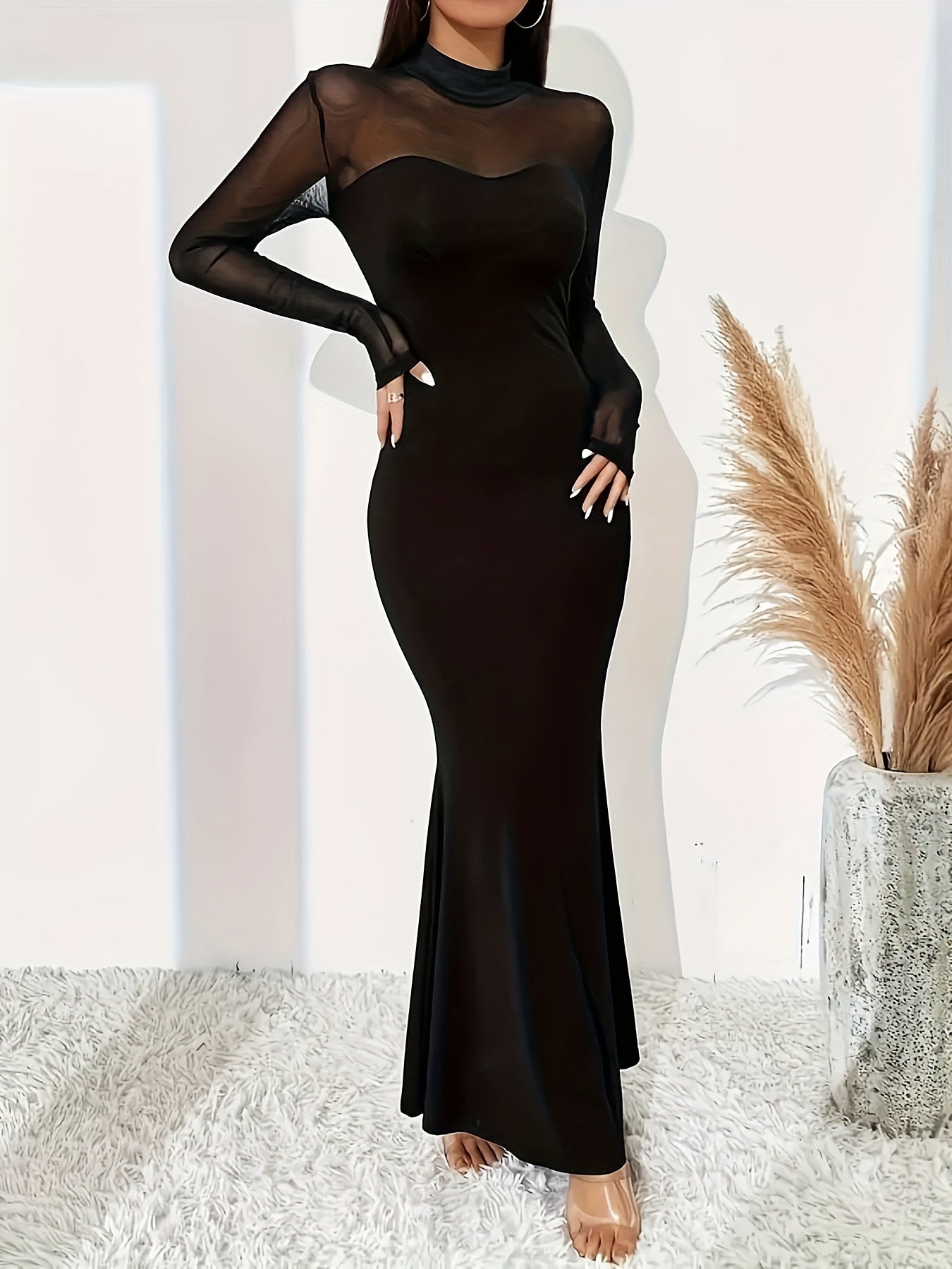 Contrast Mesh Mock Neck Dress, Elegant Solid Long Sleeve Semi-sheer Slim Dress, Women's Clothing