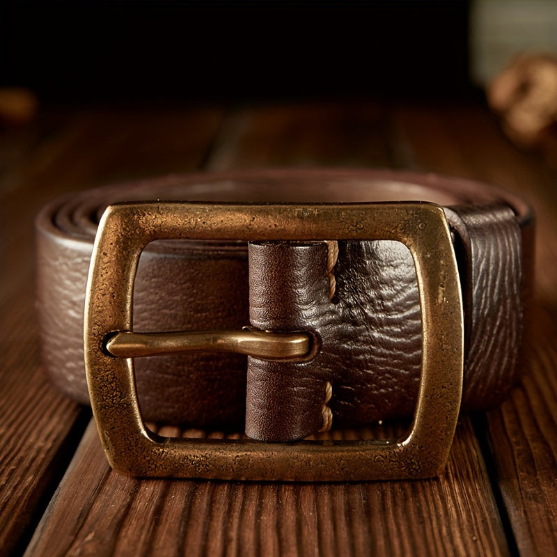 Men's Original Handmade Genuine Leather Belt, Vintage Style, Classic Cowhide, Regular Fit, Solid Brass Buckle, Coffee Brown