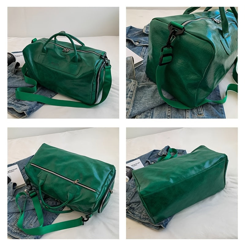 Large Capacity Leather Gym Bag, Waterproof Travel Storage Duffel, Women's Handheld Short-Trip Luggage, Men's Swim Fitness Bag, PU Material, Solid Color, Zip Closure, Universal Fit, Water-Resistant Fabric