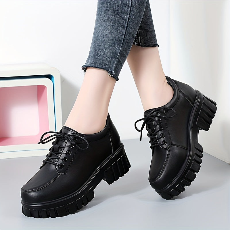 Women's Solid Color Loafers, Fashion Lace Up Platform Shoes, Comfortable Faux Leather Shoes
