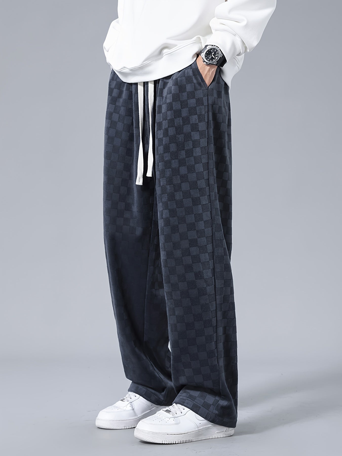 Men's Solid Color Corduroy Straight Leg Pants With Drawstrings, Casual Autumn And Winter Trousers As Gift