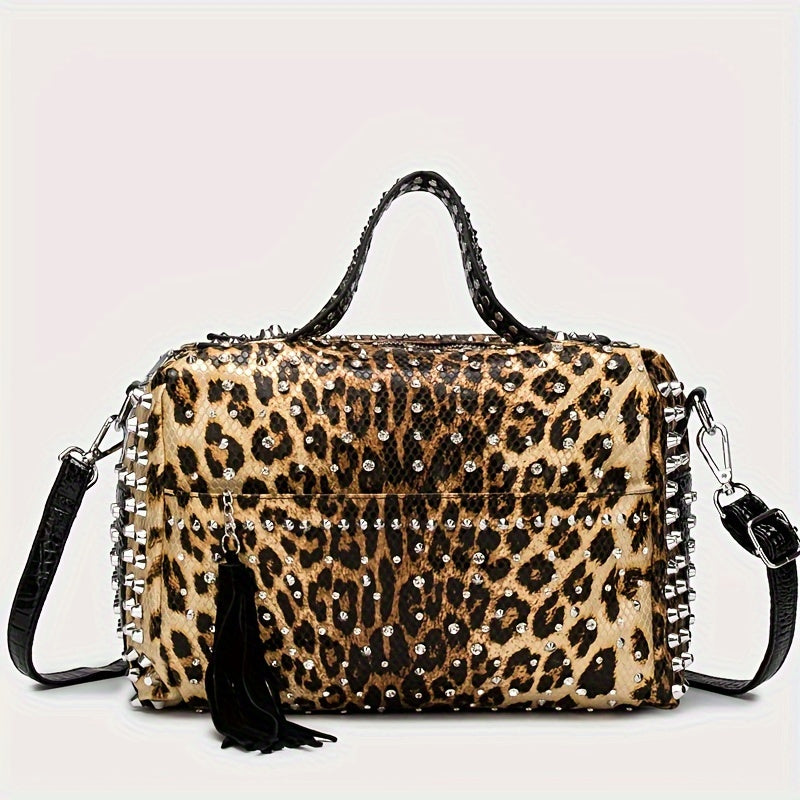 Chic Leopard Print Tote with Rhinestone & Rivet Accents - Adjustable Strap, Zip Closure, Faux Leather Shoulder Bag for Women