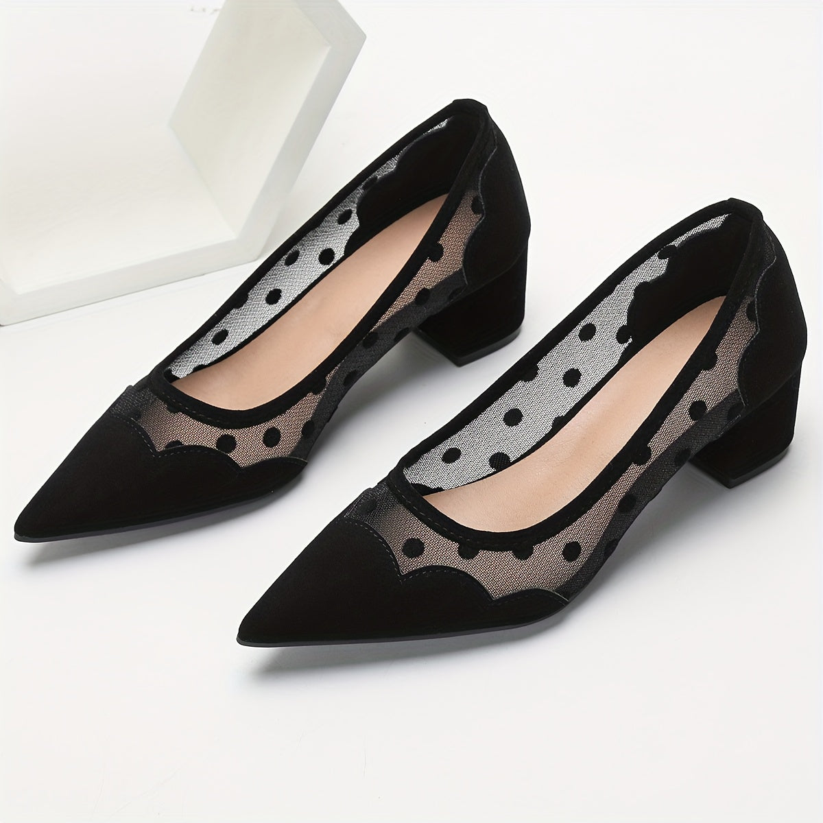 Women's Elegant Pumps, Polka Dots Mesh Pointed Toe Chunky Low Heels, Fashion Breathable Slip On Shoes