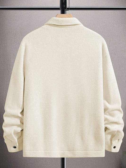 Men's Fashion Classic Fleece Jacket With Turn-Down Collar & Snap Buttons, Plush Knit, Casual Style, Autumn/Winter, Regular Fit