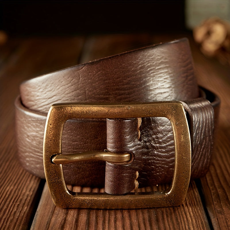 Men's Original Handmade Genuine Leather Belt, Vintage Style, Classic Cowhide, Regular Fit, Solid Brass Buckle, Coffee Brown