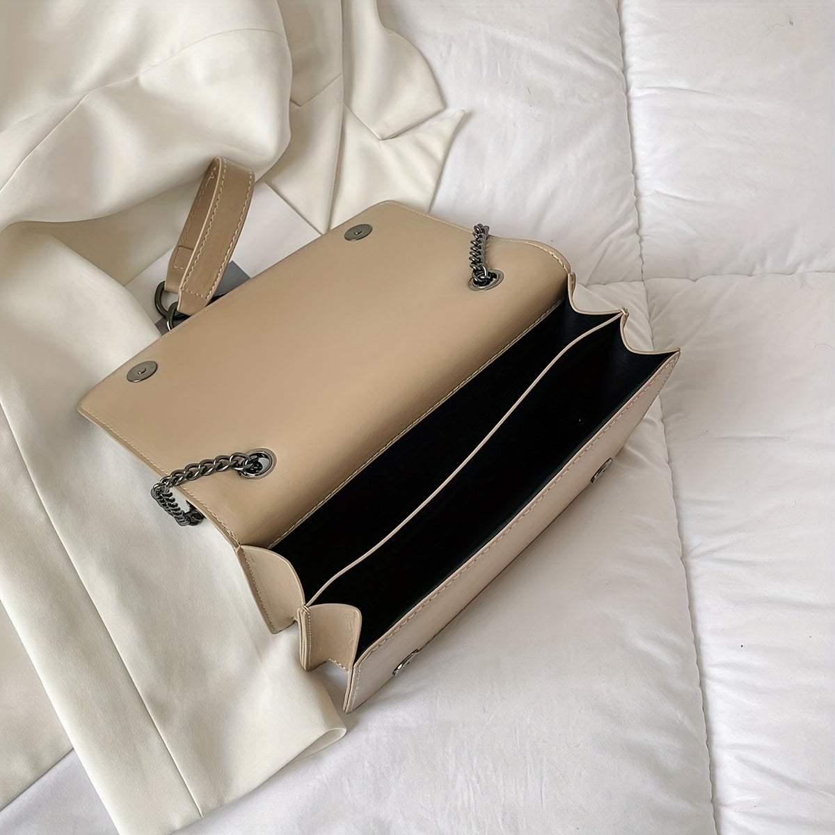 Metal Chain Crossbody Bag, PU Leather Textured Underarm Bag Purse, Classic Versatile Fashion Baguette Bag