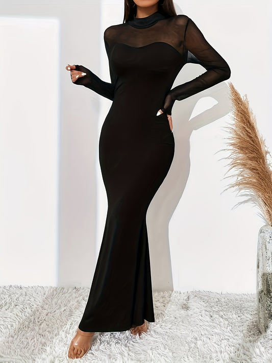 Contrast Mesh Mock Neck Dress, Elegant Solid Long Sleeve Semi-sheer Slim Dress, Women's Clothing