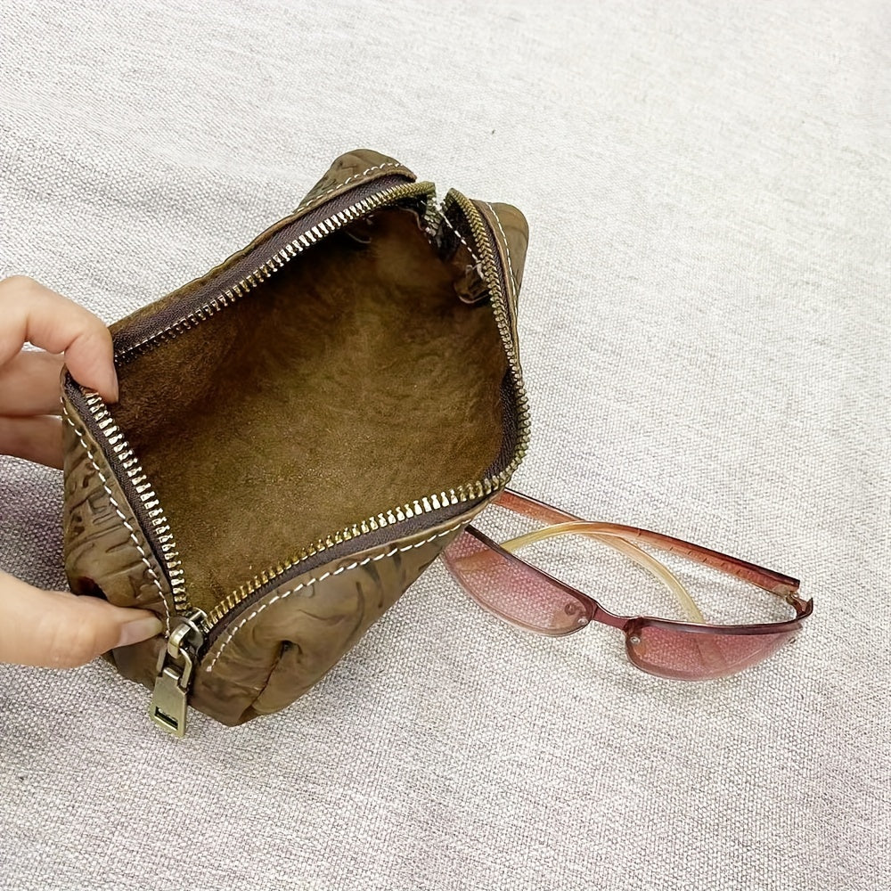 Full Genuine Leather Storage Bag, Pencil Case, Glasses Bag, Crazy Horse Cowhide, Retro Auspicious Oracle Embossed Handbag, Pencil Case, Change Eid Al-Adha Mubarak