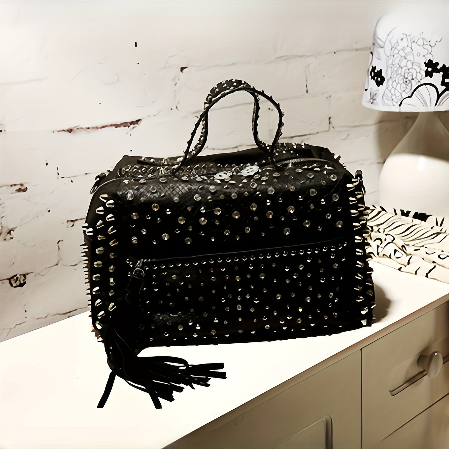 Chic Leopard Print Tote with Rhinestone & Rivet Accents - Adjustable Strap, Zip Closure, Faux Leather Shoulder Bag for Women