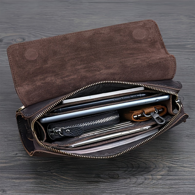 Vintage-Inspired Men's Genuine Leather Clutch - Crazy Horse Leather, Multi-Function Wallet in Deep Brown
