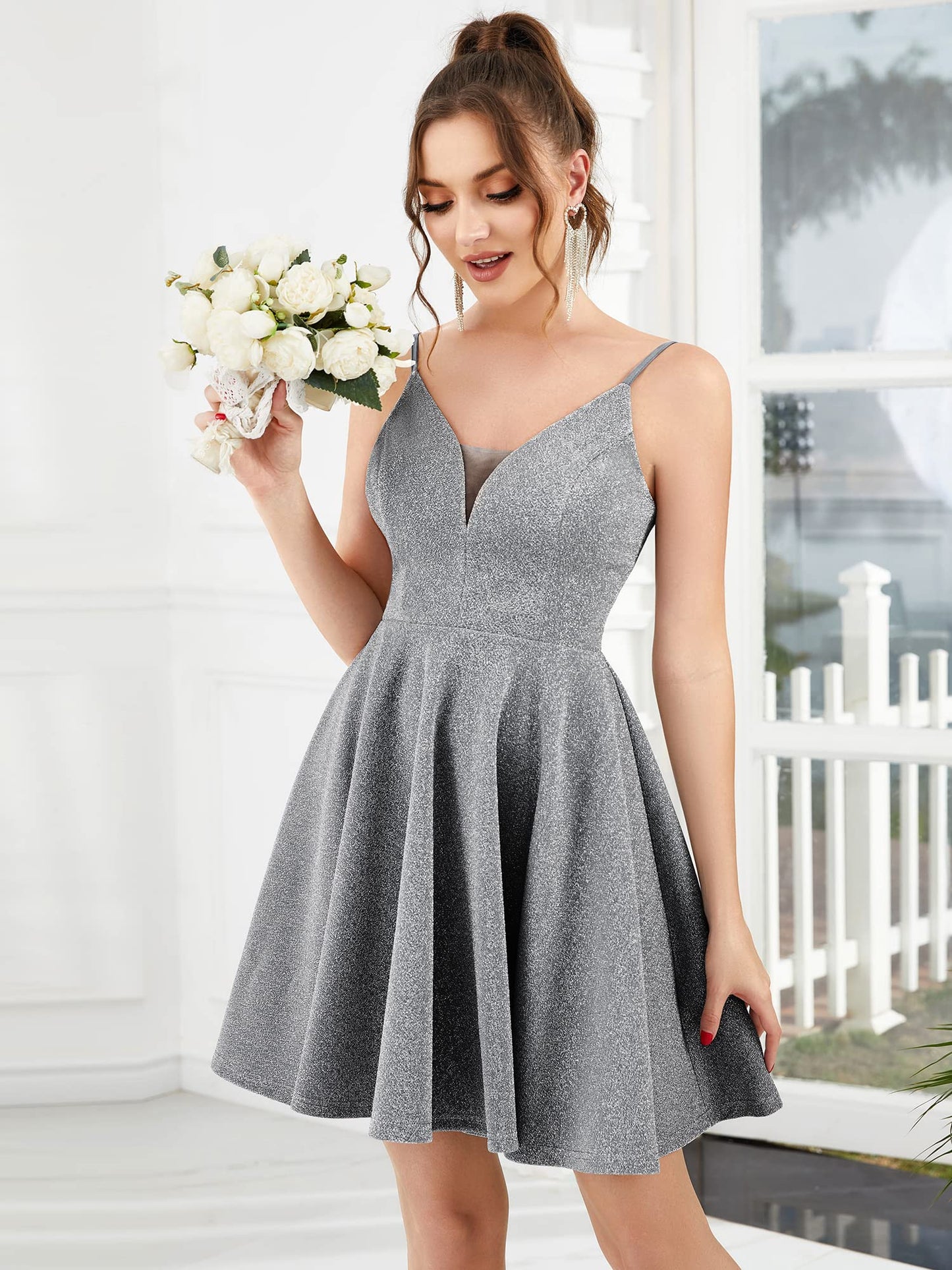 Ever-Pretty Women's Summer Dresses Glitter V Neck Spaghetti Straps Mini Wedding Guest Dress 03124