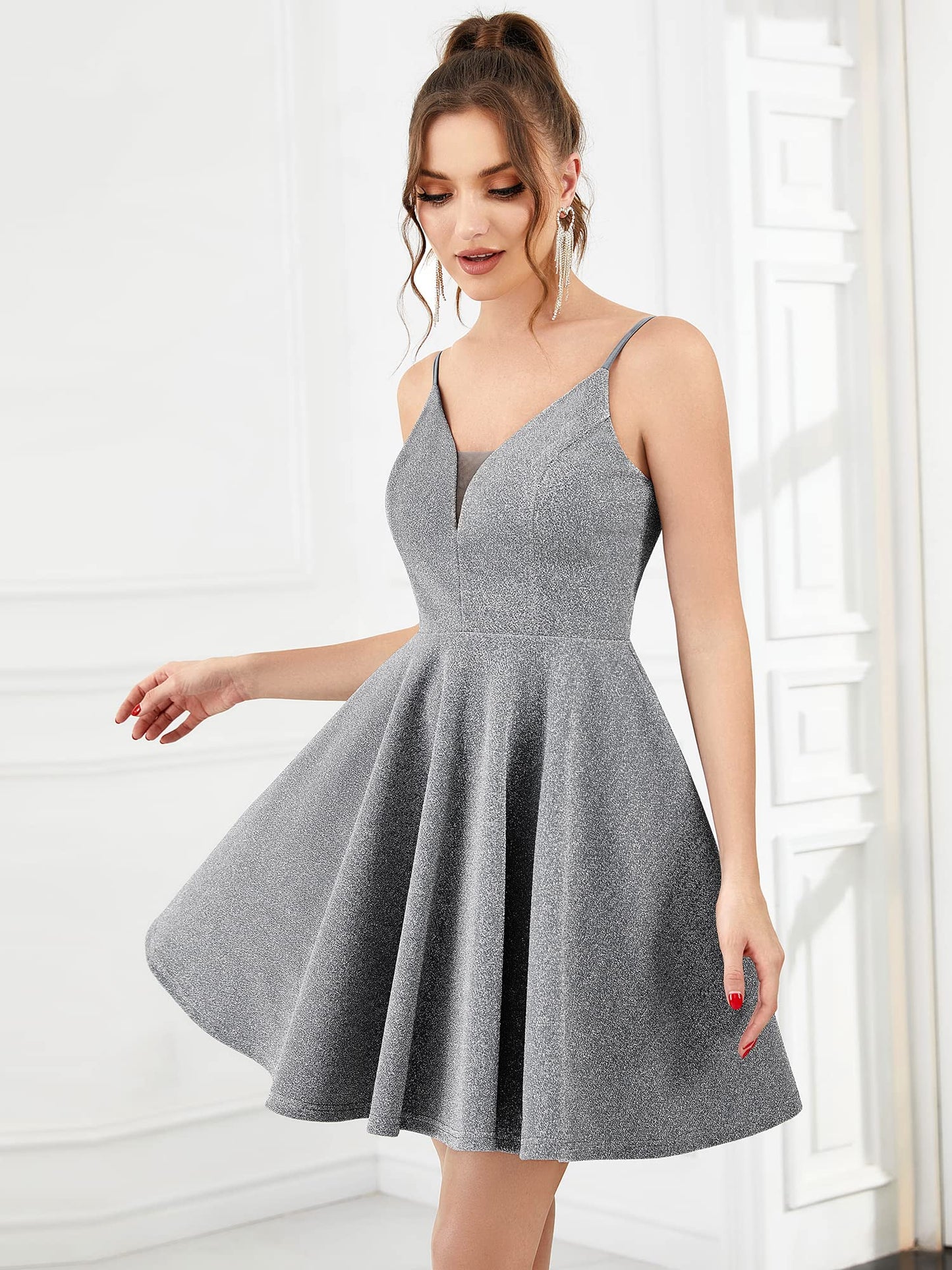 Ever-Pretty Women's Summer Dresses Glitter V Neck Spaghetti Straps Mini Wedding Guest Dress 03124