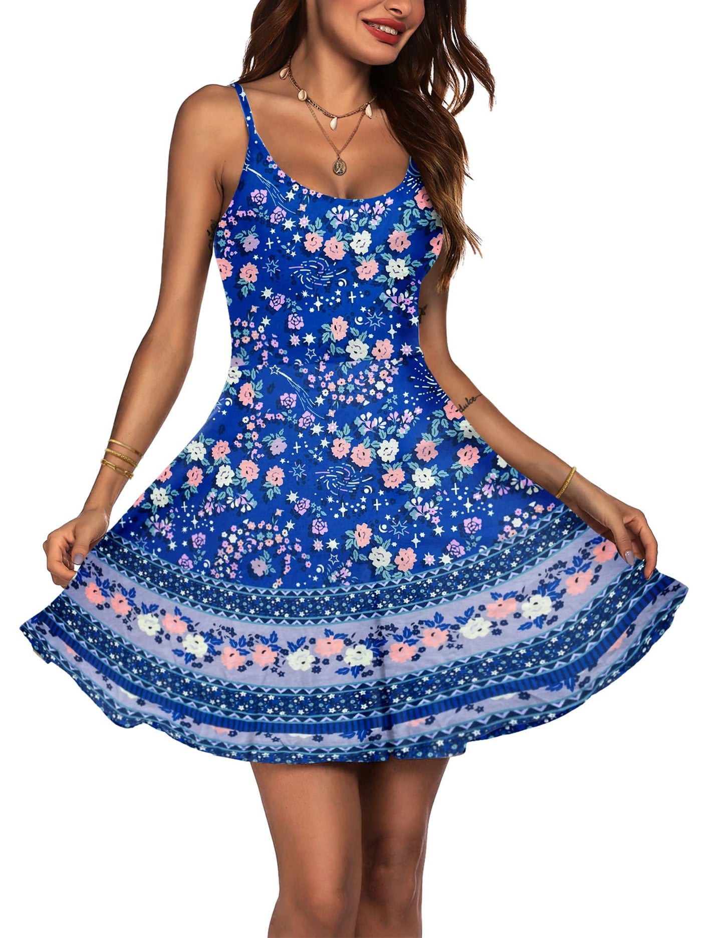 ACEVOG Women's 2024 Summer Dress Adjustable Spaghetti Strap Boho Floral Fit & Flare Beach Sundress