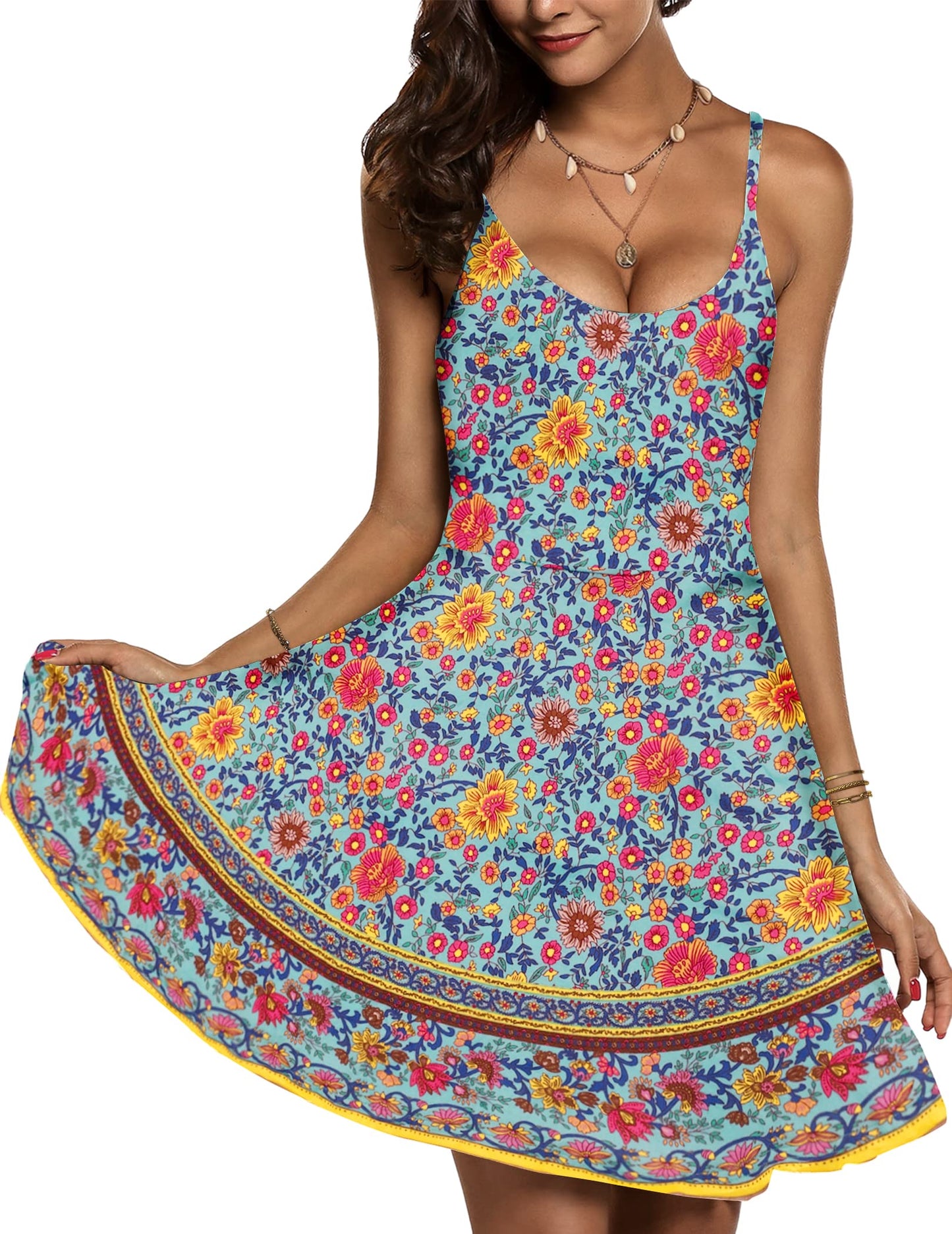ACEVOG Women's 2024 Summer Dress Adjustable Spaghetti Strap Boho Floral Fit & Flare Beach Sundress