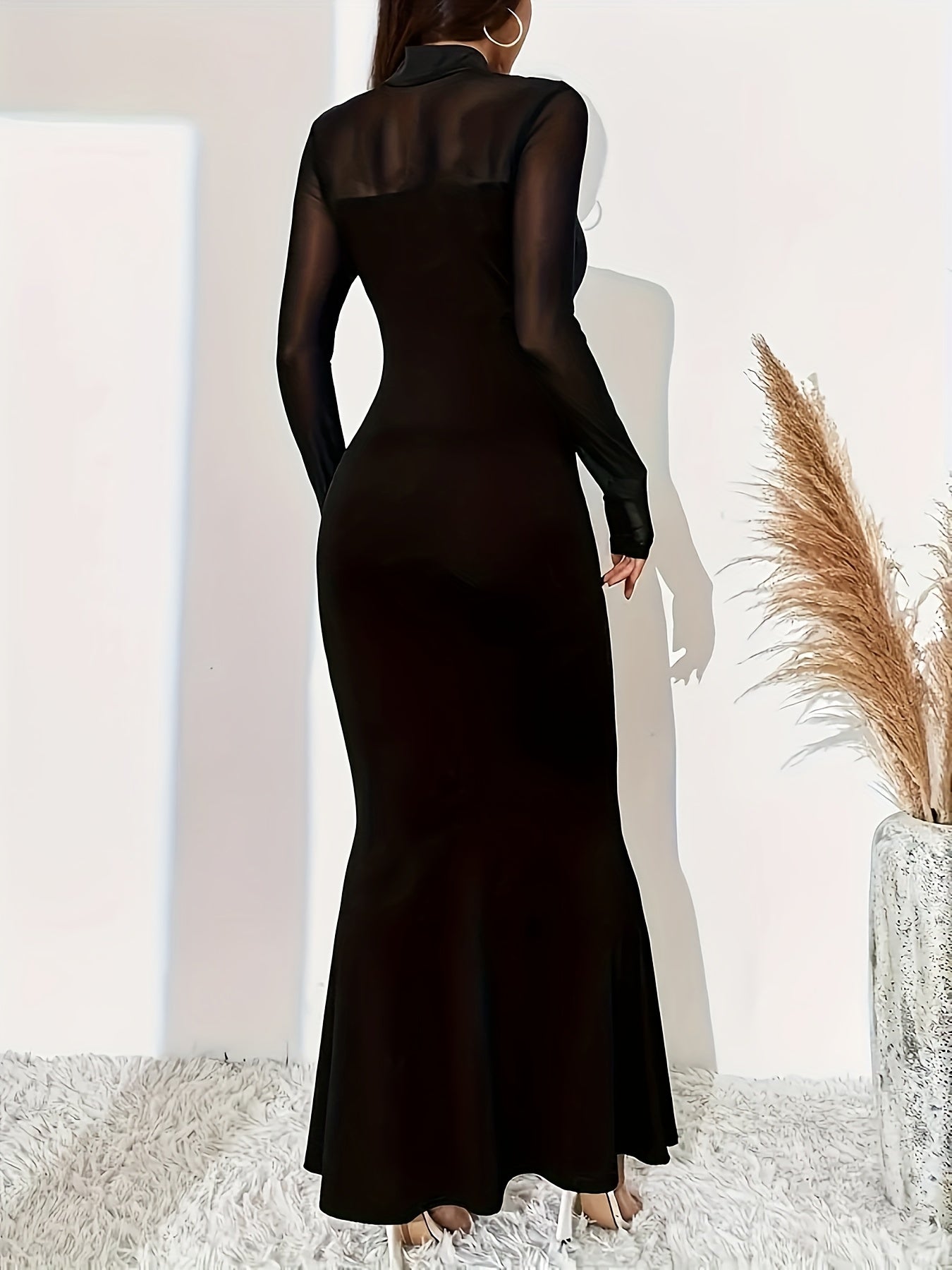 Contrast Mesh Mock Neck Dress, Elegant Solid Long Sleeve Semi-sheer Slim Dress, Women's Clothing