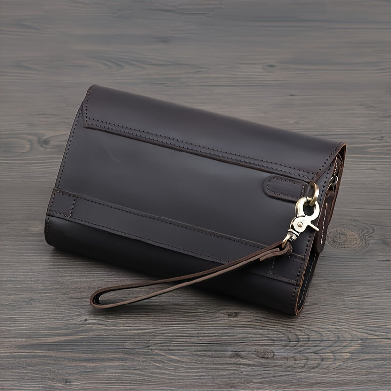 Vintage-Inspired Men's Genuine Leather Clutch - Crazy Horse Leather, Multi-Function Wallet in Deep Brown