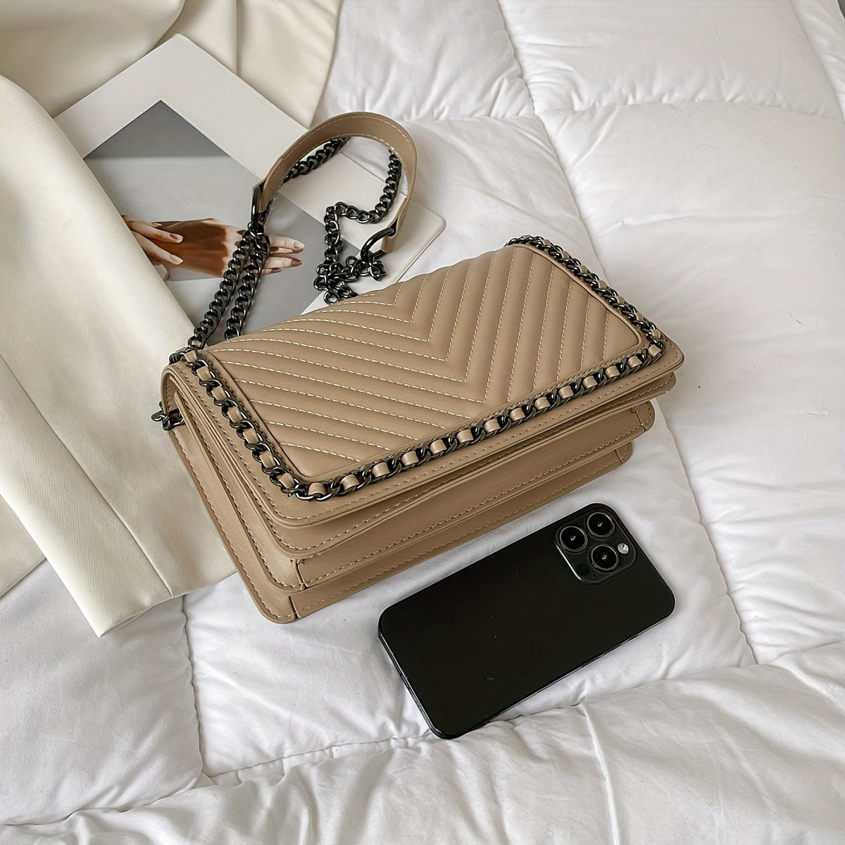 Metal Chain Crossbody Bag, PU Leather Textured Underarm Bag Purse, Classic Versatile Fashion Baguette Bag