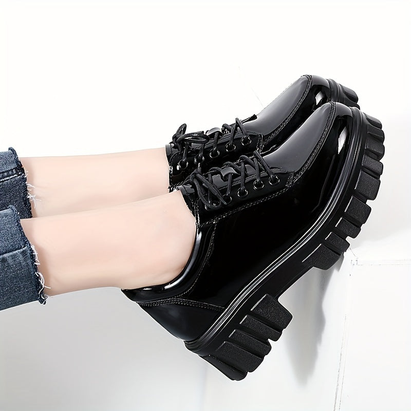 Women's Solid Color Loafers, Fashion Lace Up Platform Shoes, Comfortable Faux Leather Shoes