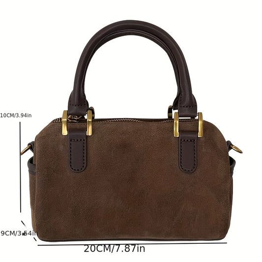 Chic Vintage-Inspired Velvet Boston Bag for Women - Versatile Crossbody & Shoulder Purse, Adjustable Strap, Zip Closure, Solid Dark Brown