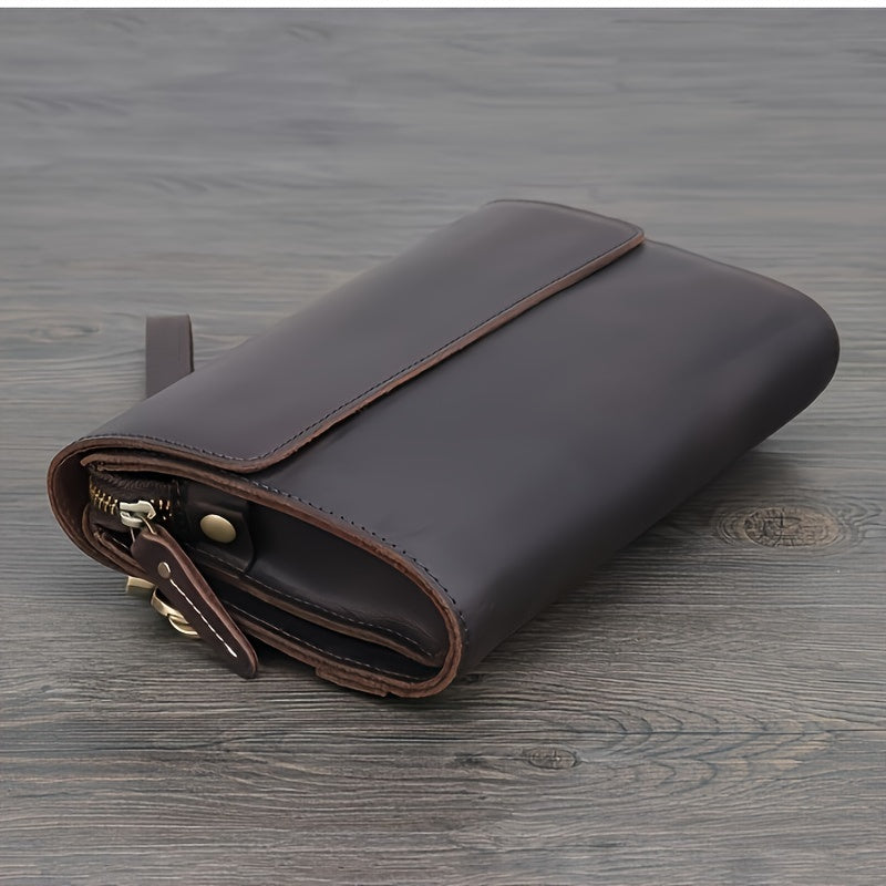 Vintage-Inspired Men's Genuine Leather Clutch - Crazy Horse Leather, Multi-Function Wallet in Deep Brown
