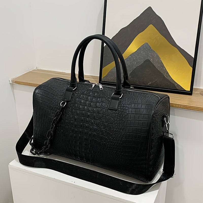 A Black Men's Fashionable Handbag 46CM * 22CM * 26CM Fashionable Crocodile Pattern Retro PU Waterproof And Wear-resistant Collar Bag Is A Men's And Women's Short Distance Travel Outdoor Outing Sports Yoga Holiday Gift
