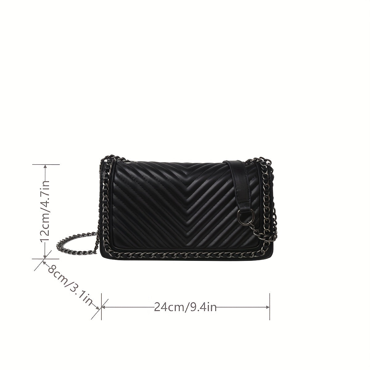 Metal Chain Crossbody Bag, PU Leather Textured Underarm Bag Purse, Classic Versatile Fashion Baguette Bag