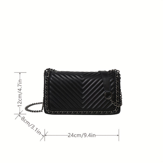 Metal Chain Crossbody Bag, PU Leather Textured Underarm Bag Purse, Classic Versatile Fashion Baguette Bag