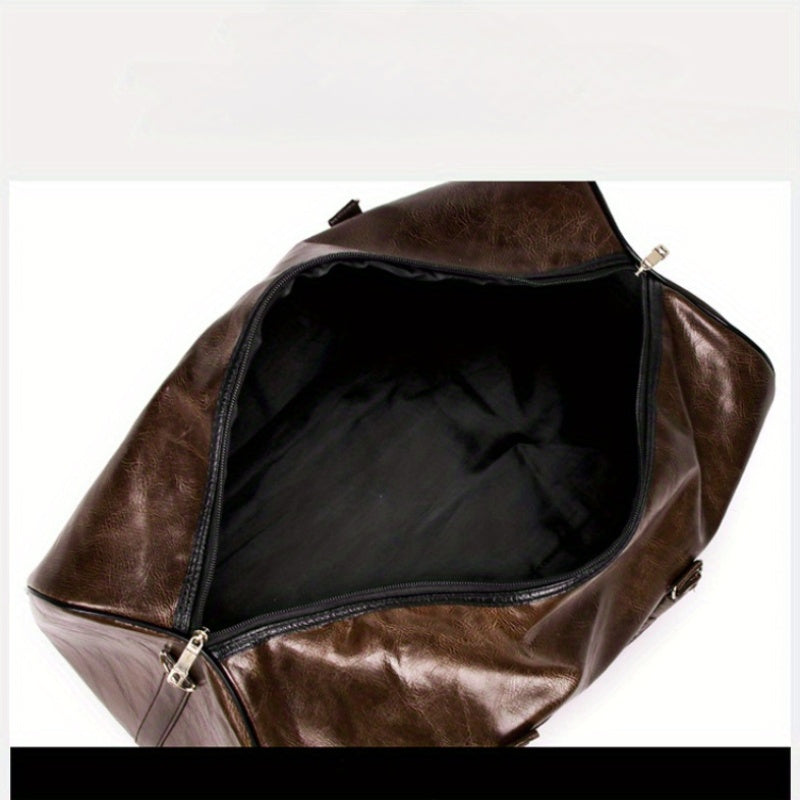 Large Capacity Faux Leather Duffel Bag - Multi-Functional Sports & Fitness Carry-On, Business & Leisure Travel Luggage with Shoulder Strap, Dark Brown - Sturdy & Water-Resistant