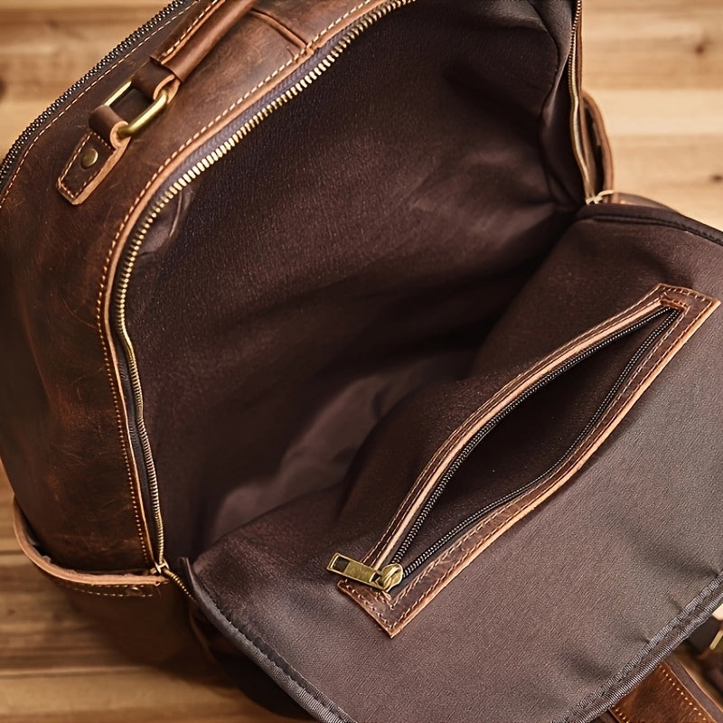 Premium Genuine Leather Men's Backpack - Large Capacity, Dual-Layer Zipper Pockets for Easy Access, Fits 35.56cm Laptop, Water-Resistant & Scratch-Resistant, Perfect for Travel & Work,
