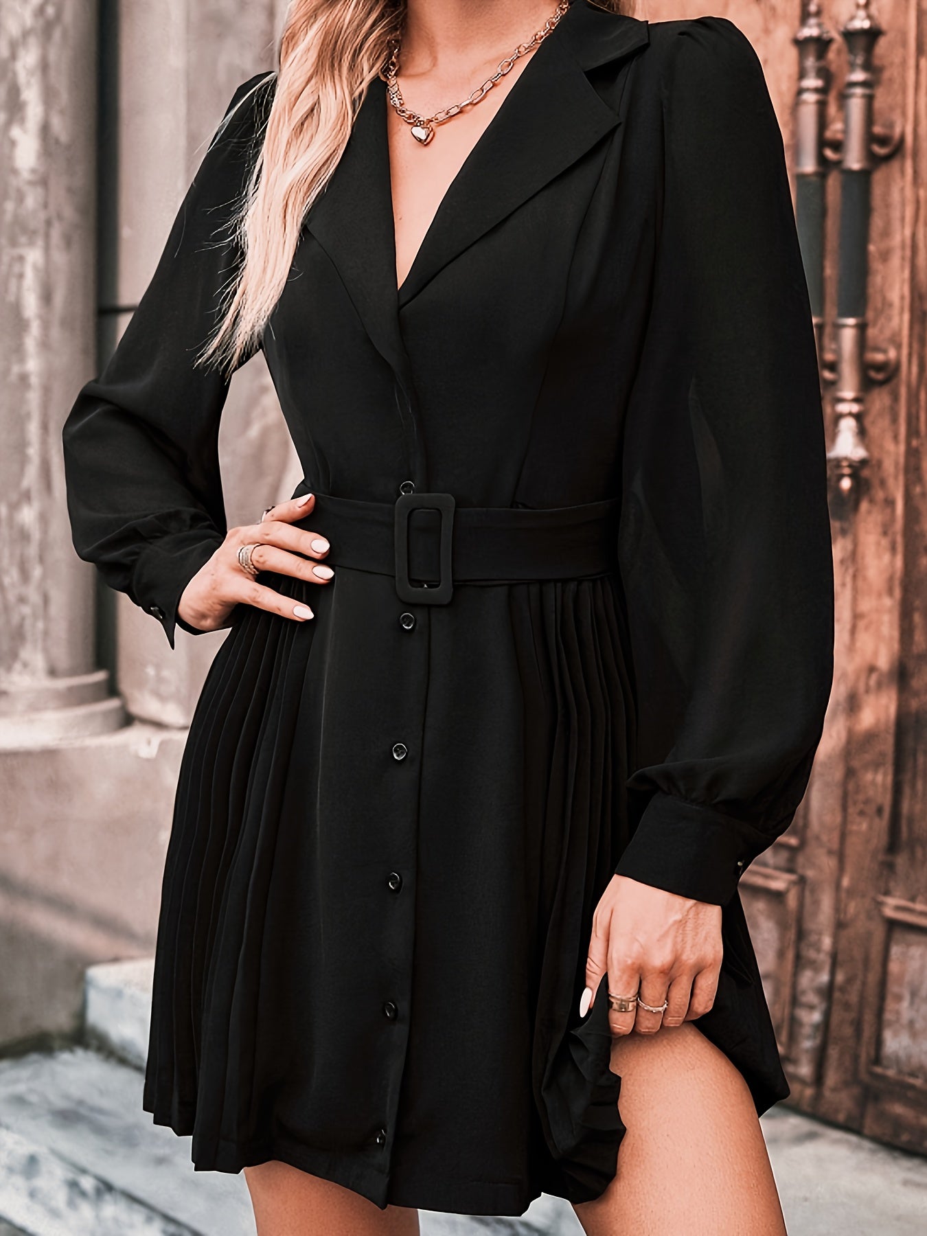 Single Breasted Pleated Belted Dress, Elegant Lantern Sleeve Shawl Collared Aline Dress For Spring & Fall, Women's Clothing