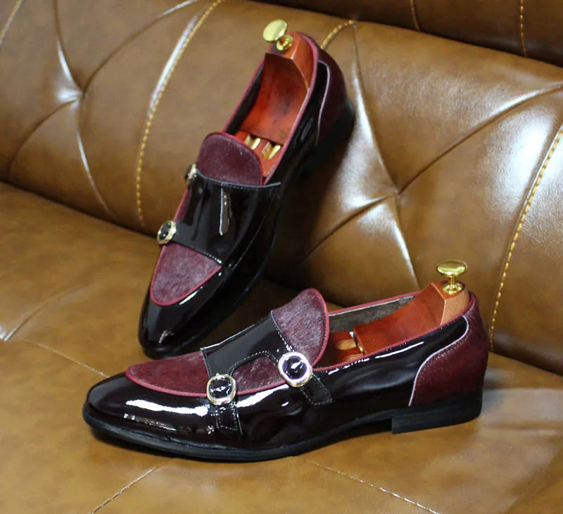 FELIX CHU Mens Wedding Loafers Gentlemen Party Dress Shoes Patent Leather with Horse Hair Casual Monk Strap Formal Shoes for Men