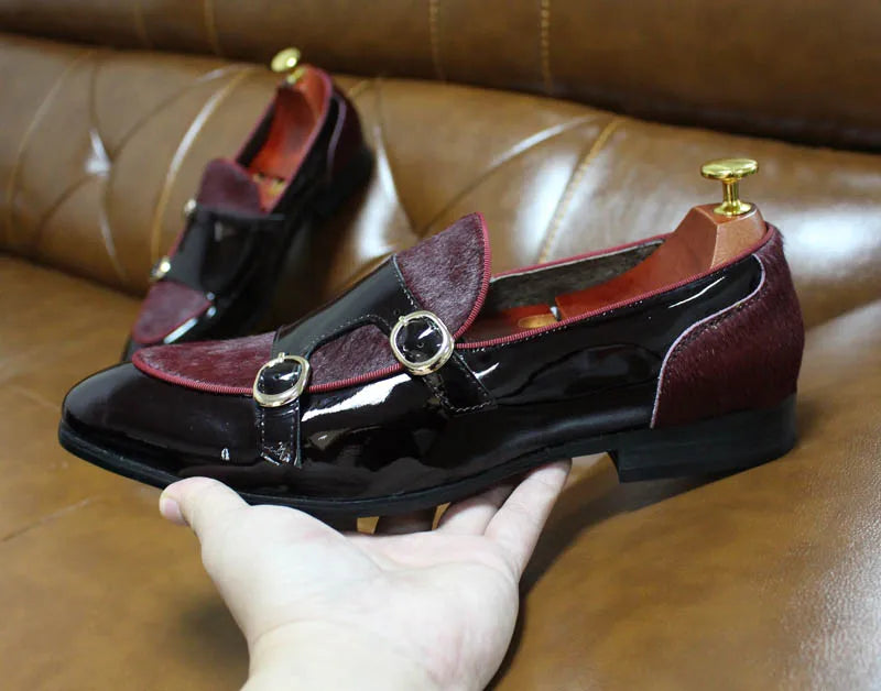 FELIX CHU Mens Wedding Loafers Gentlemen Party Dress Shoes Patent Leather with Horse Hair Casual Monk Strap Formal Shoes for Men